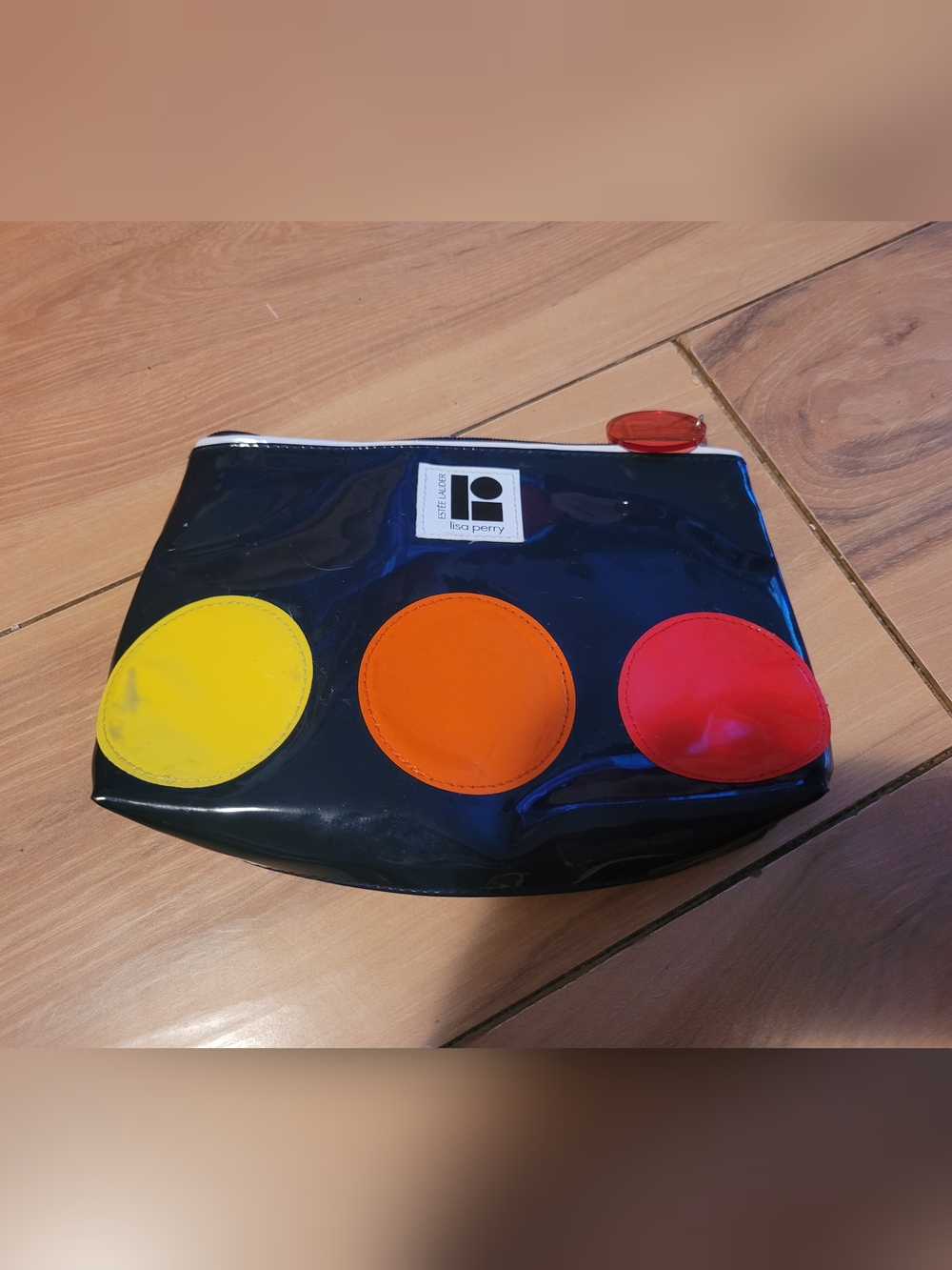 3️⃣for💲50‼️Lisa Perry Estee Lauder Navy Vinyl Pouch with Yellow Orange Red Dots